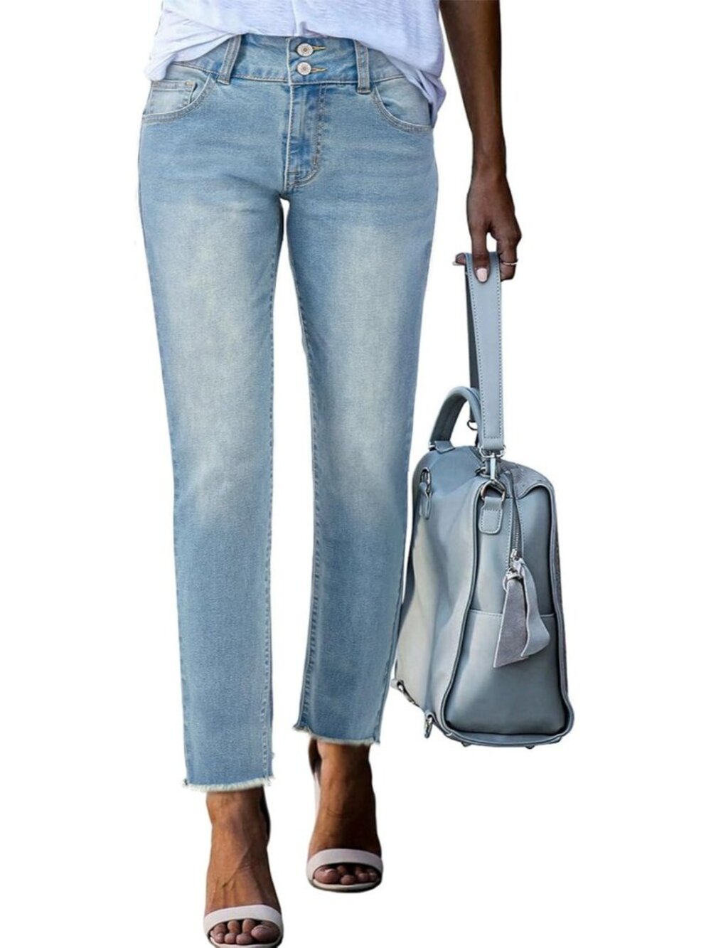 Women Real Teal High Waisted Raw Hem Ankle Double Button Denim Straight Jeans